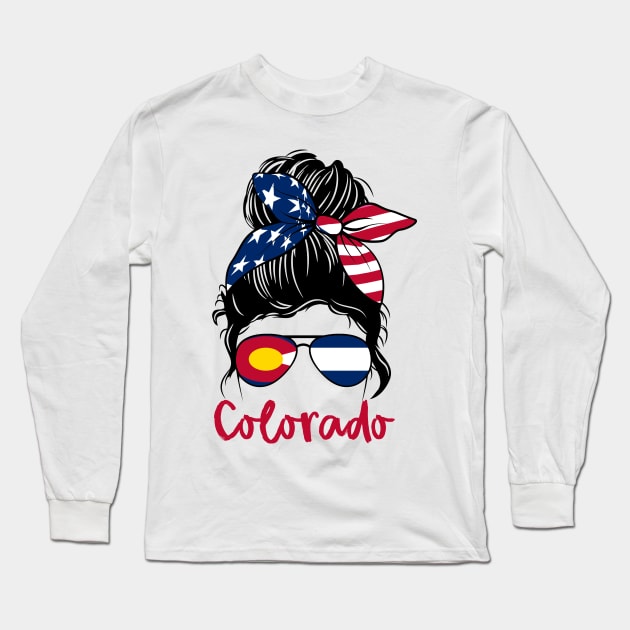 Colorado  girl Messy bun , American Girl , Colorado Flag Long Sleeve T-Shirt by JayD World